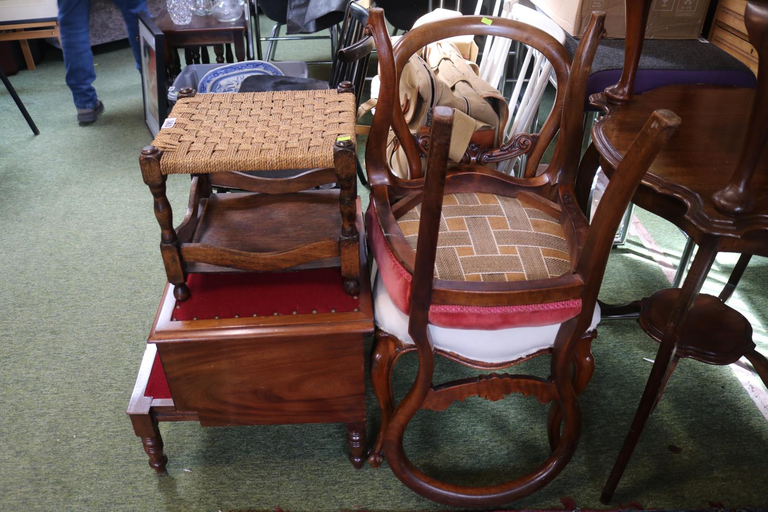 Pair of upholstered Balloon back chairs, Seagrass stool and a Mahogany commode