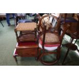 Pair of upholstered Balloon back chairs, Seagrass stool and a Mahogany commode