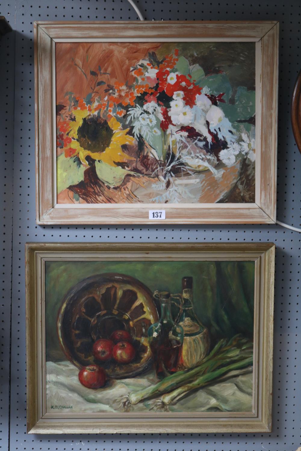 Kay Melzi (Homerton College) Floral still Life dated 1978 and a Oil on board signed K Buchanan