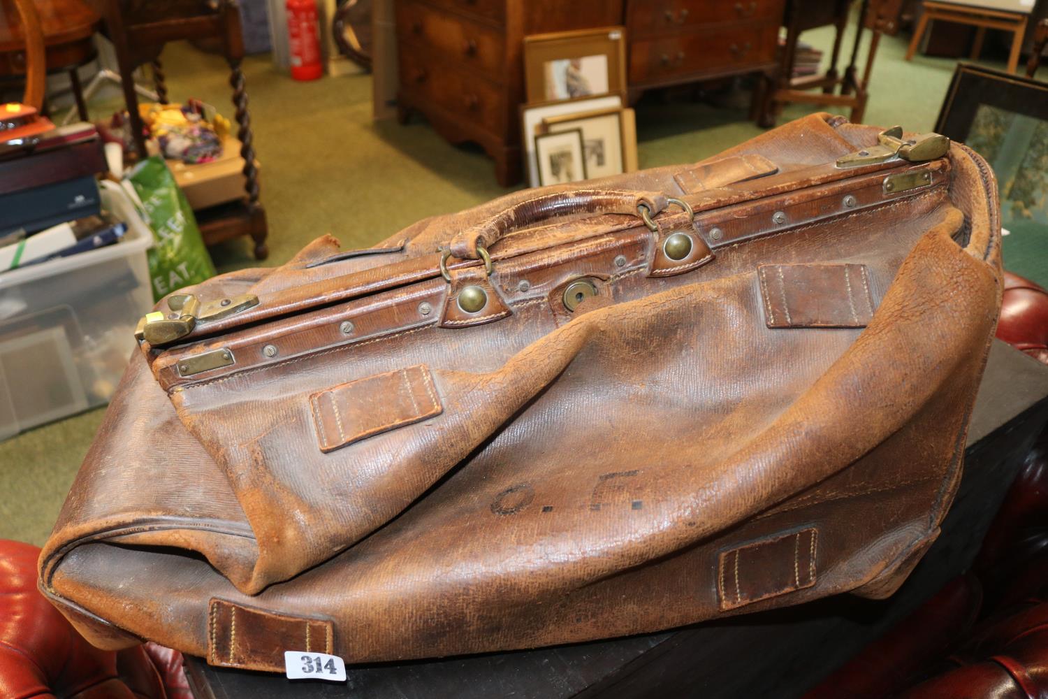 Large Brown Leather Gladstone Bag with brass fittings