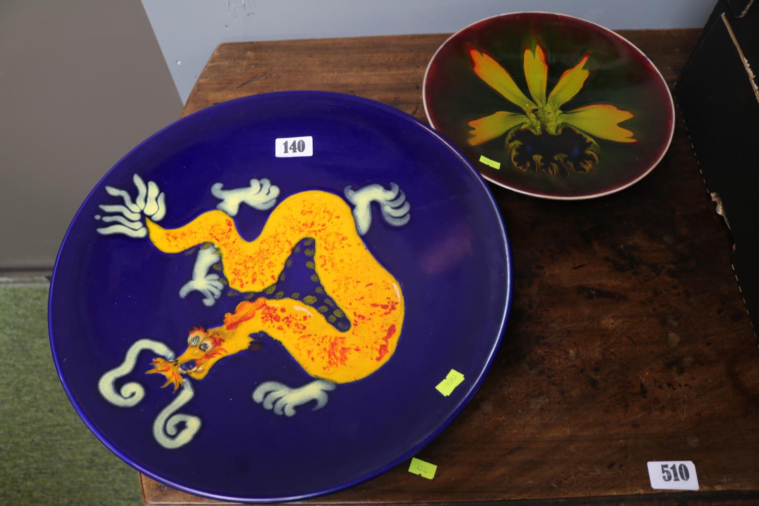 Rare Poole Charger depicting five toe dragon 1 of 1. 41cm in Diameter and a Pool bowl with Orchid