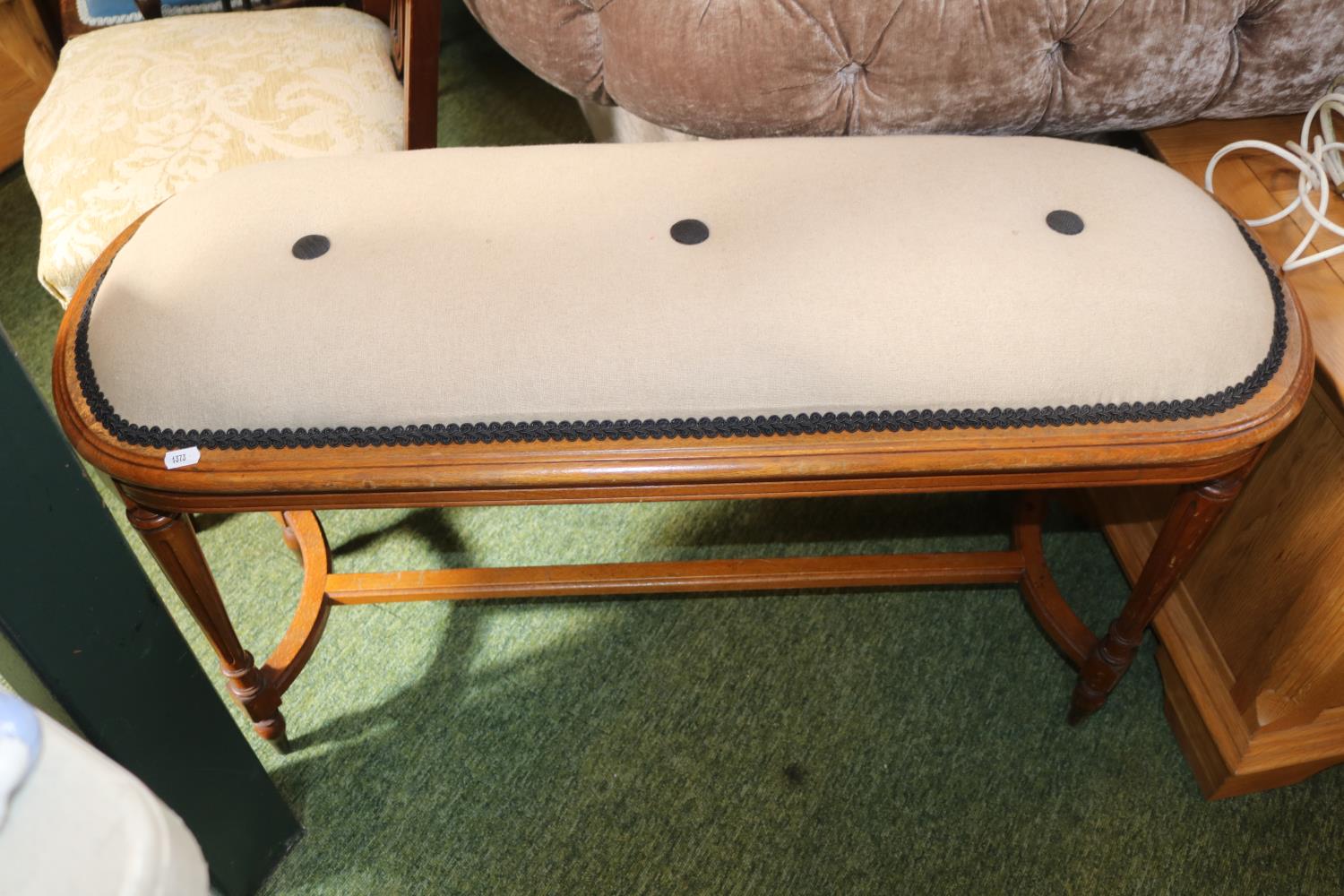 Oval Upholstered Oak Edwardian Window seat with fluted legs and curved supports