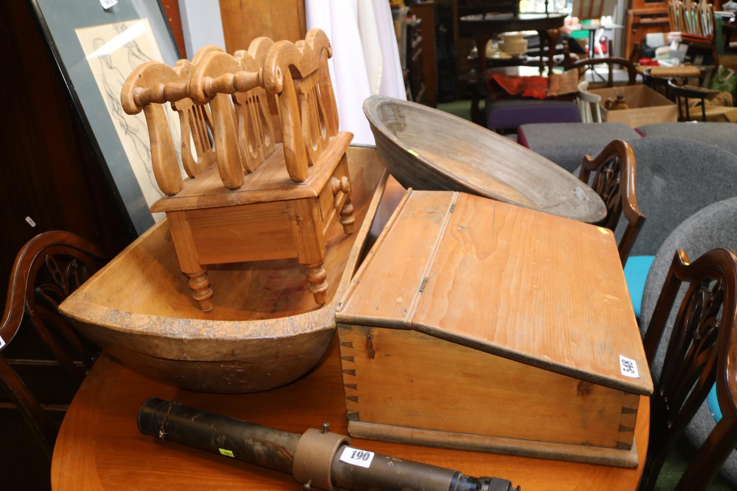Pine Clerks desk, Dough trough, Canterbury and a Large wooden mixing bowl - Image 2 of 2