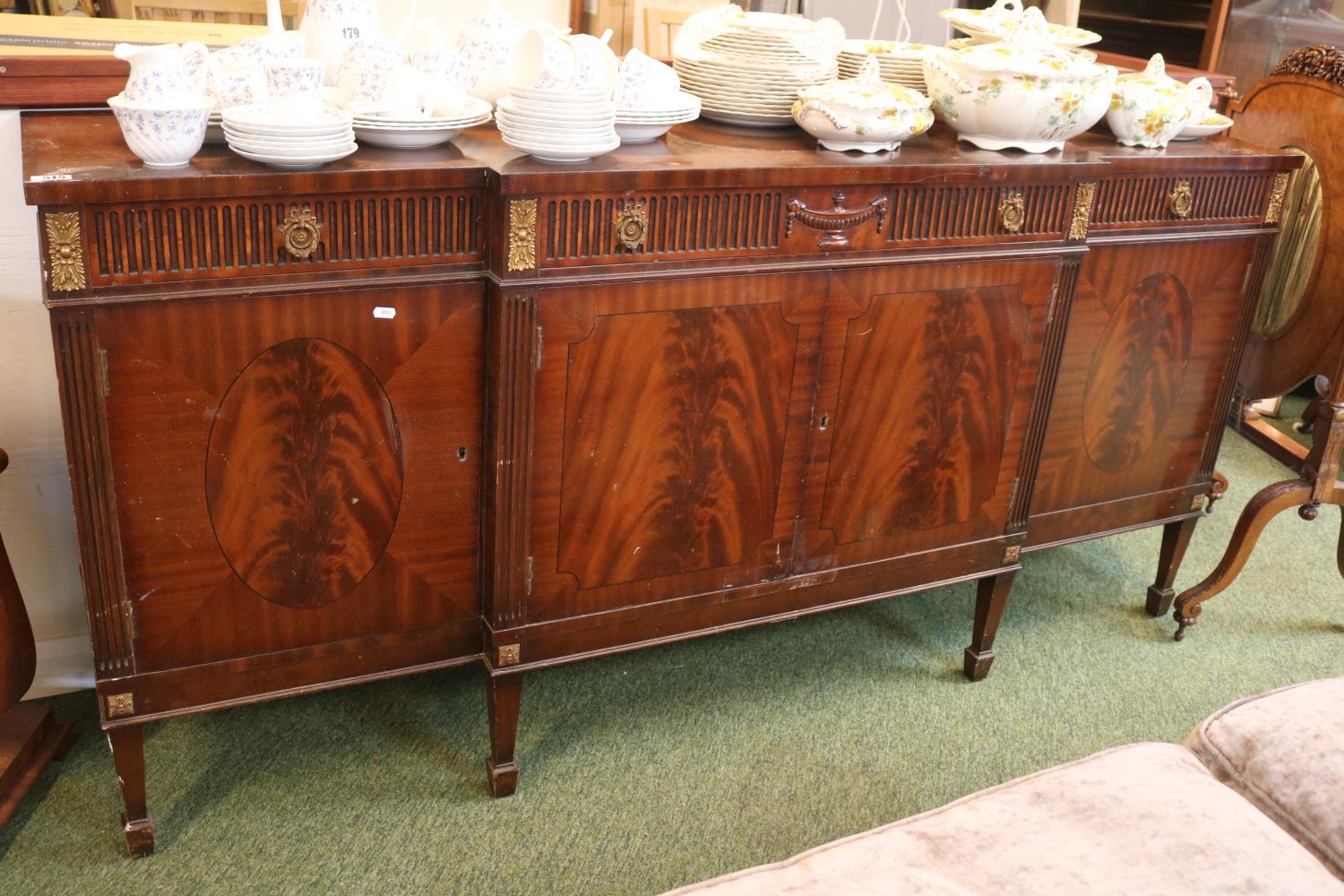 Reproduction Breakfront Walnut veneered sideboard with applied gilded decoration and brass drop