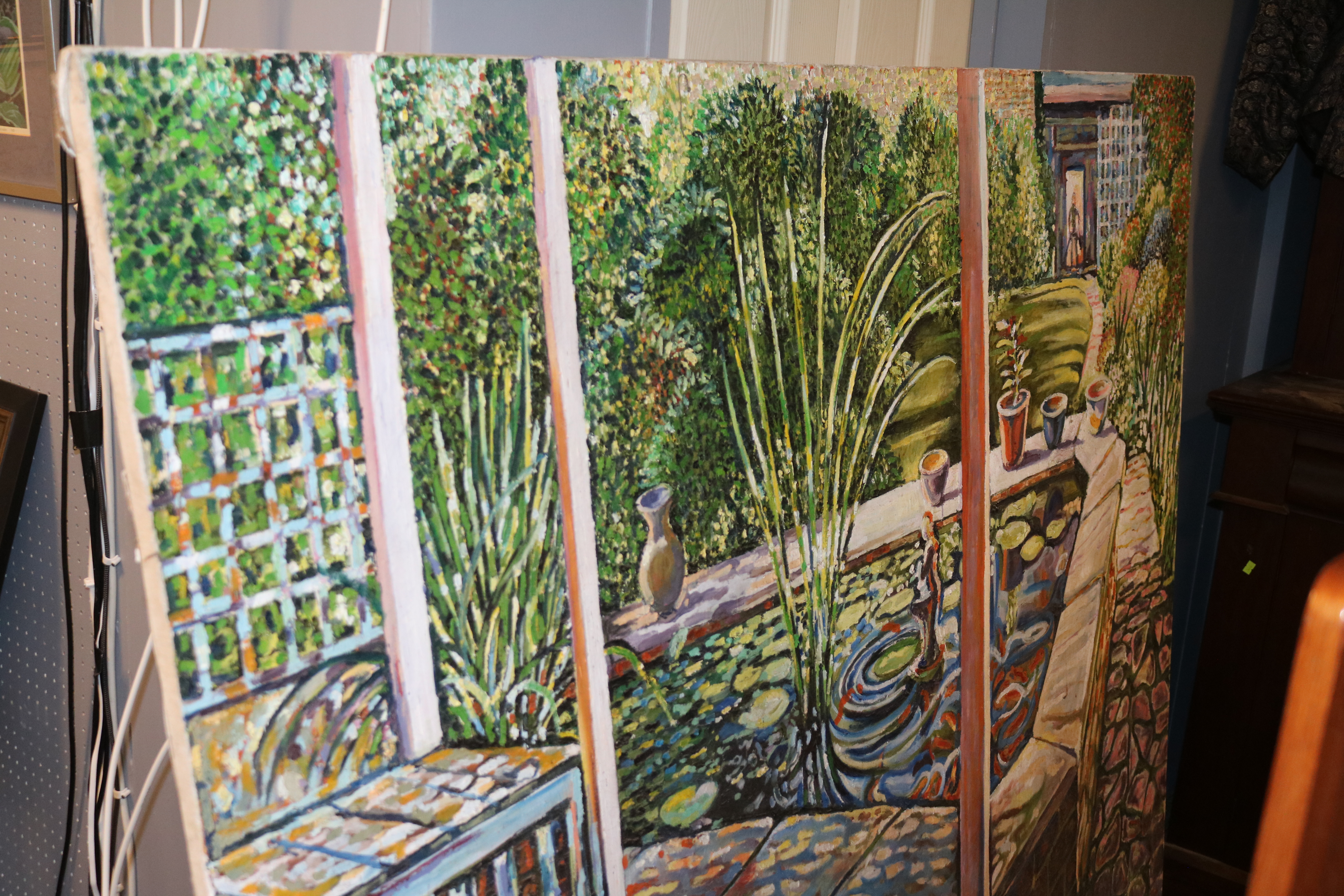 Very Large unframed Oil on canvas of a Garden View in the Pop Art style of David Hockney, unsigned - Image 2 of 4