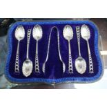 Field & Son of Aylesbury Cased Silver Teaspoon & Sugar Tong set Sheffield 1910. 103g total weight