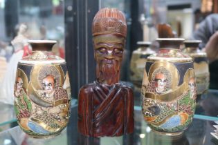 Chinese Carved Bone figure with hardwood base & a Pair of Satsuma vases