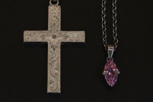 20thC Silver engraved cross on fancy link necklace and a Silver stone set ring