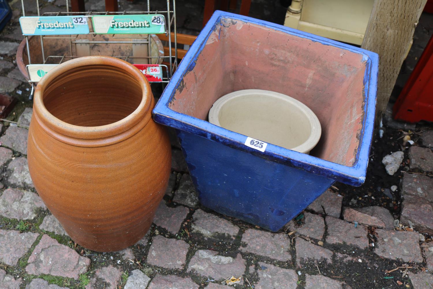 Blue Glazed Planter and assorted Pots