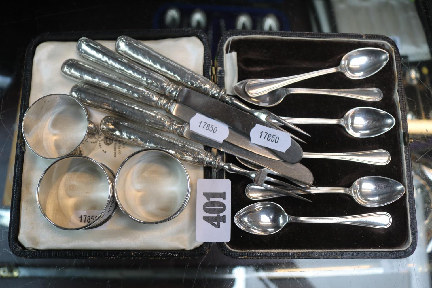 Cased Set of Silver Teaspoons, 3 Silver Napkin rings and a collection of Silver handled flatware