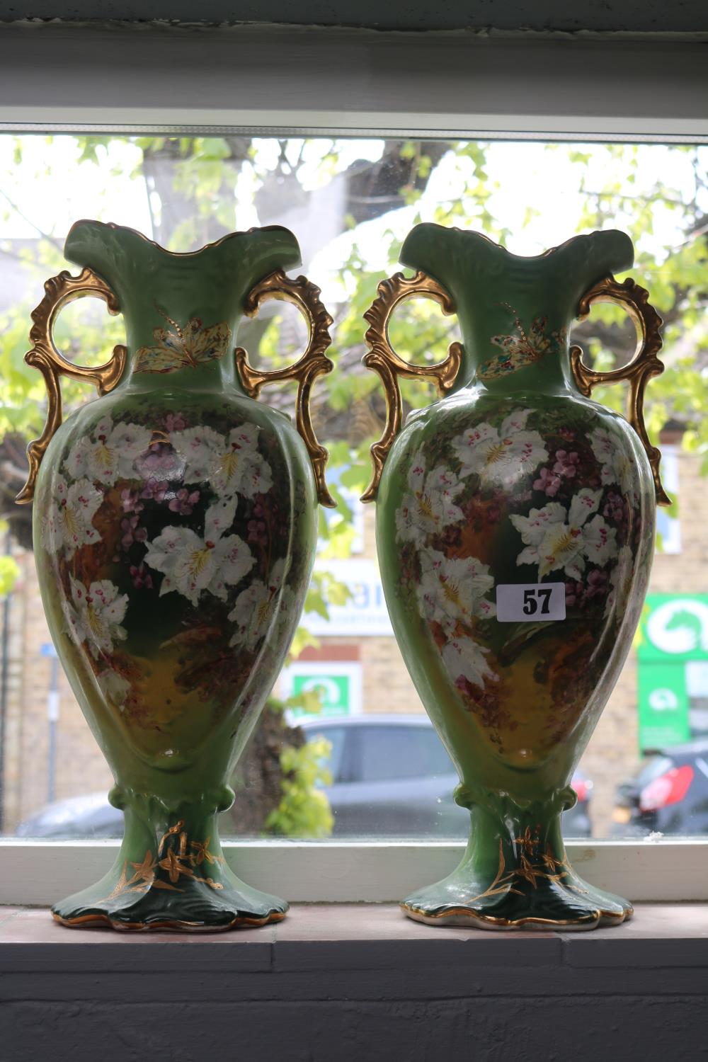 Pair of Edwardian Floral decorated two handled gilded mantel vases 42cm in Height