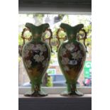Pair of Edwardian Floral decorated two handled gilded mantel vases 42cm in Height