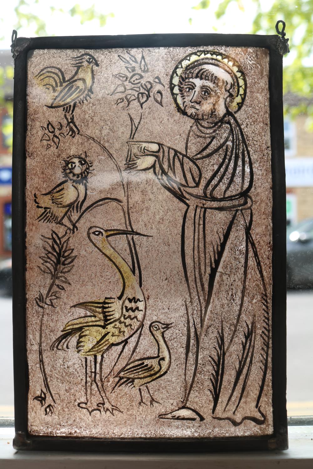 Late 19th Century medieval style hand painted leaded stained glass panel, St Francis of Assisi
