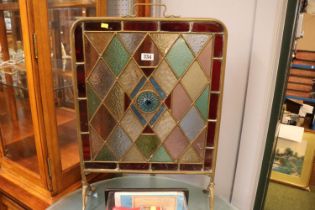 Late 19thC Brass Framed Coloured Leaded glass fire screen