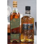 Bottle of Johnnie Walker Pure Malt Scotch Whisky 15 year green label and a bottle of Highland Park