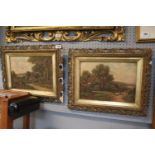 Pair of Gilt Gesso scroll framed Oil on canvas countryside scenes