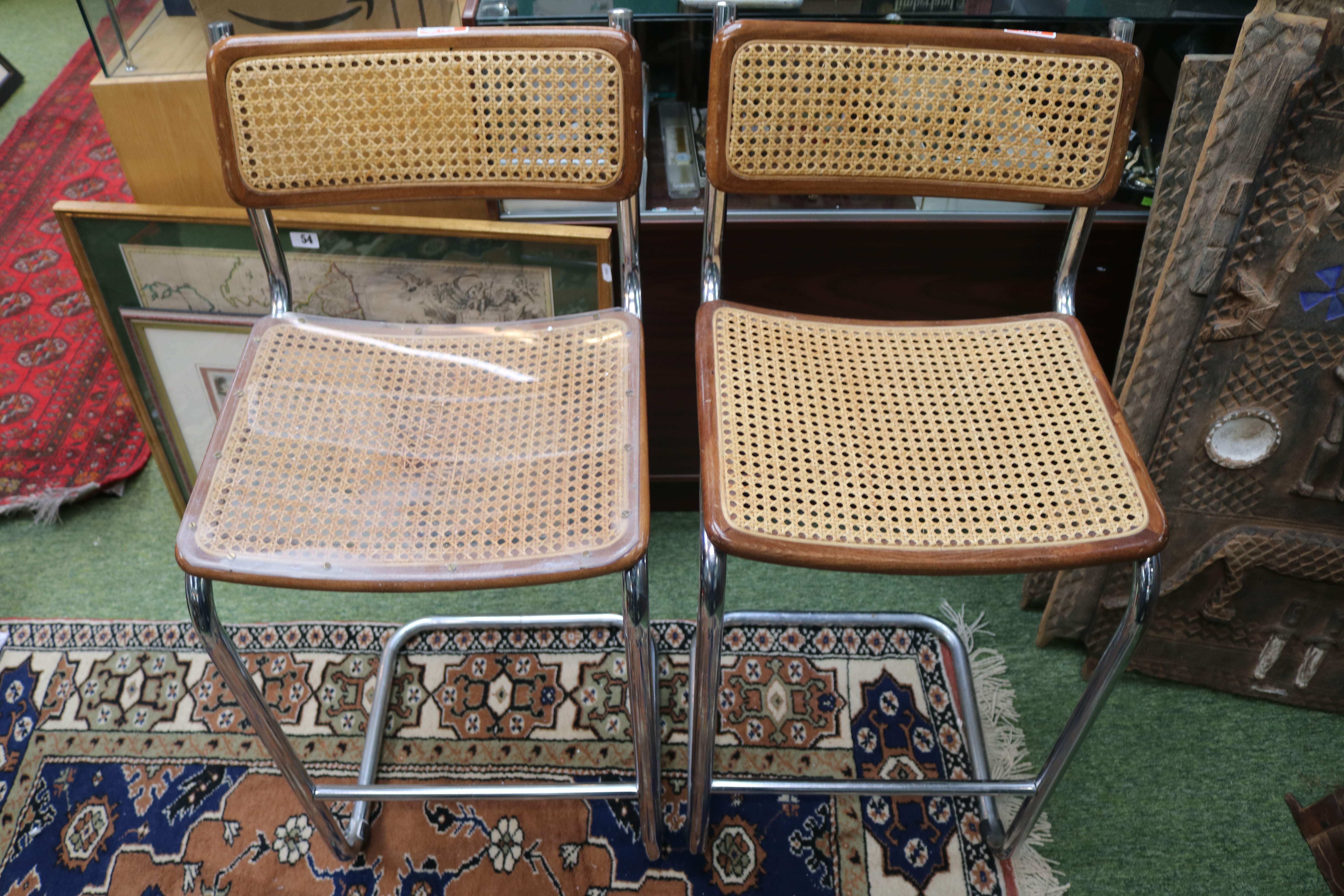 Pair of Knoll style Cesca bar stool with Bauhaus influenced tubular frame & rattan seats