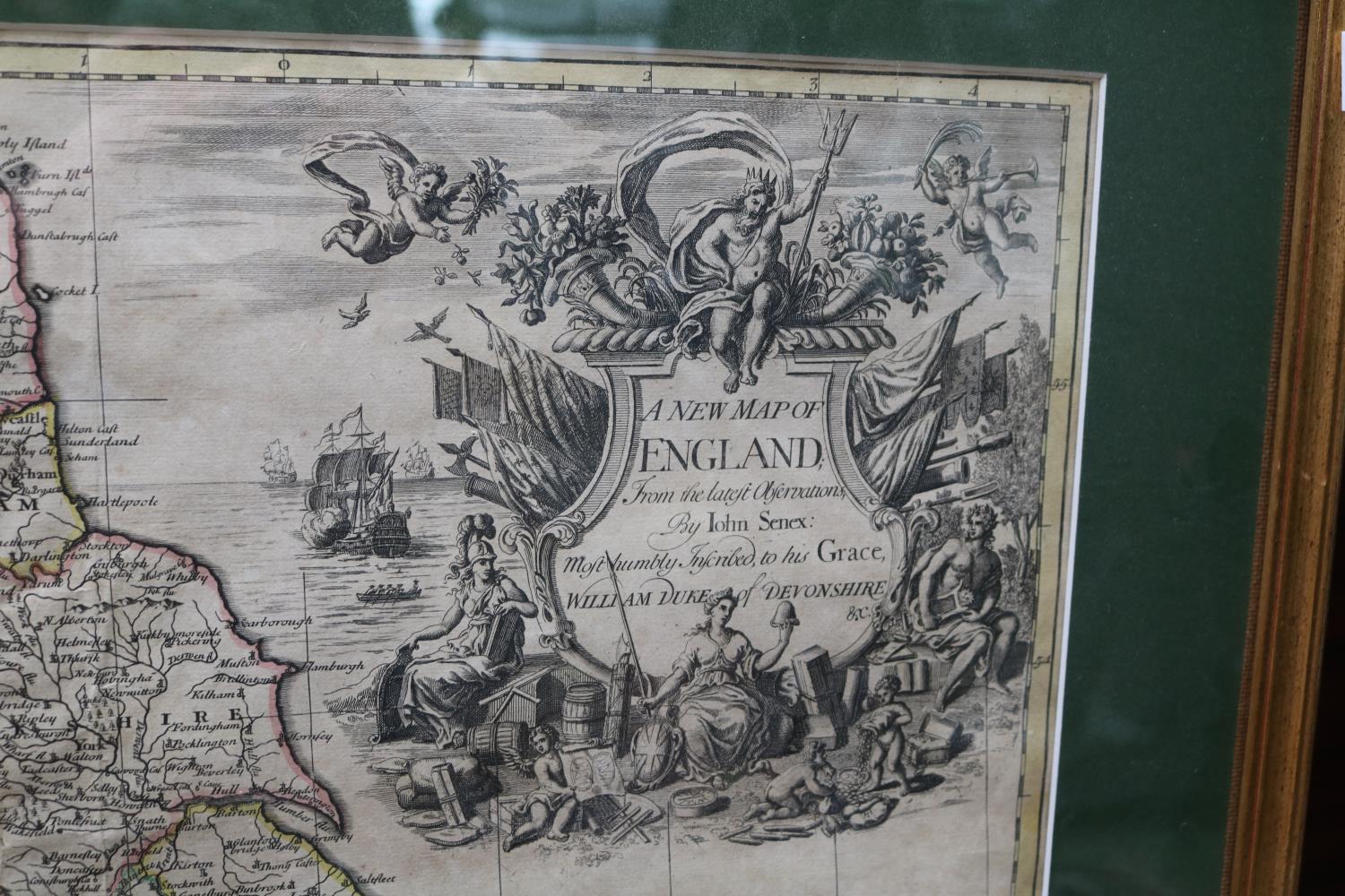 Framed A New Map of England from the latest observations by John Senex inscribed to his Grace - Image 2 of 2