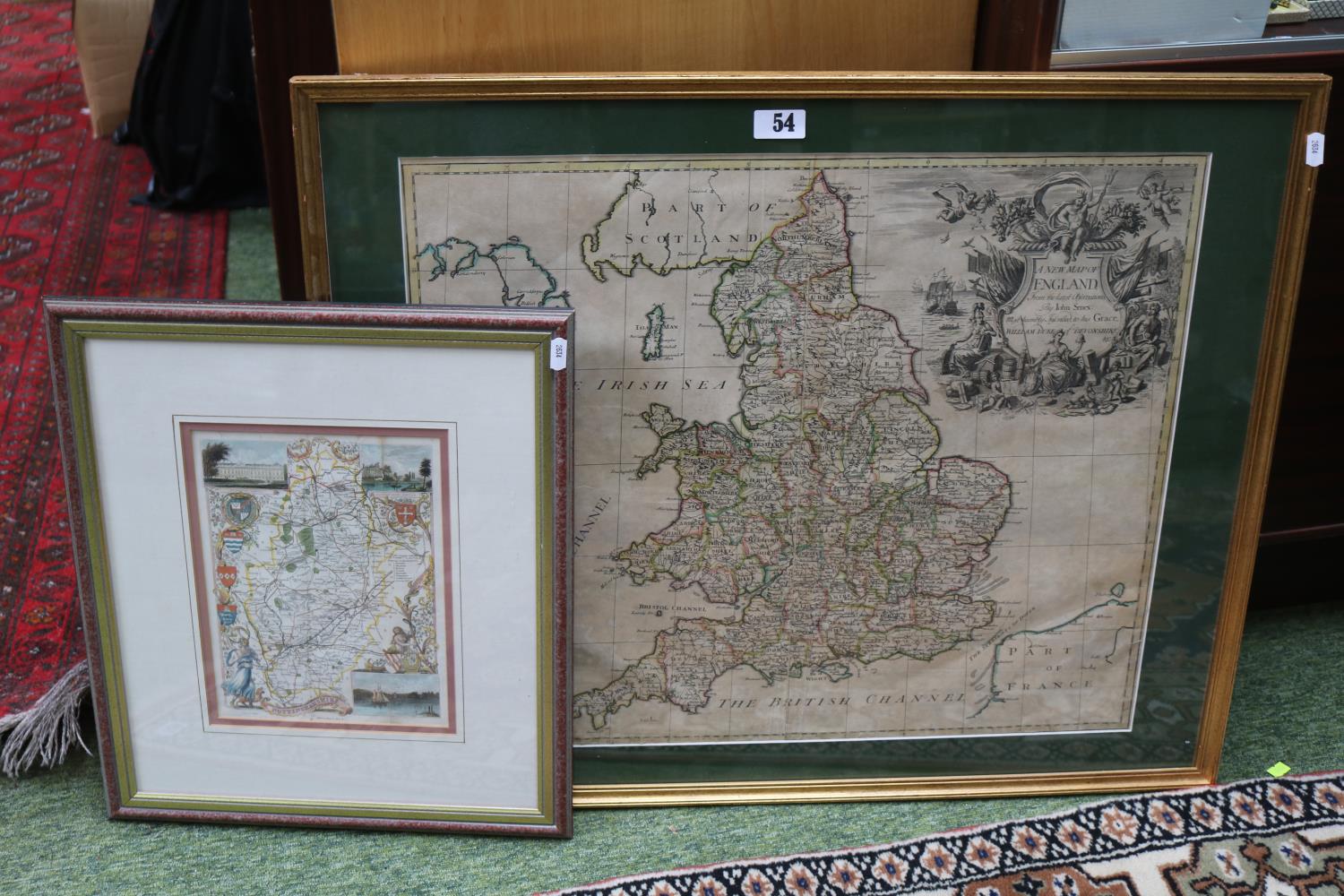 Framed A New Map of England from the latest observations by John Senex inscribed to his Grace