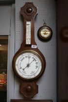Edwardian Oak Carved Barometer and a later circular barometer