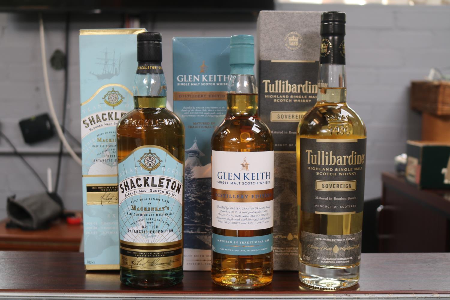 3 Boxed Whiskies to include Glan Keith Single Malt Scotch Whisky Distillery Edition, Shackleton