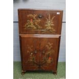 Walnut Fall Front Cocktail cabinet with cupboard base and fitted interior with hand painted