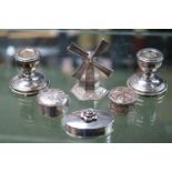 Pair of Silver Squat Candlesticks, 3 Silver Pill Pots and a Silver model of a Windmill