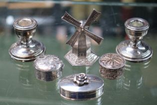 Pair of Silver Squat Candlesticks, 3 Silver Pill Pots and a Silver model of a Windmill