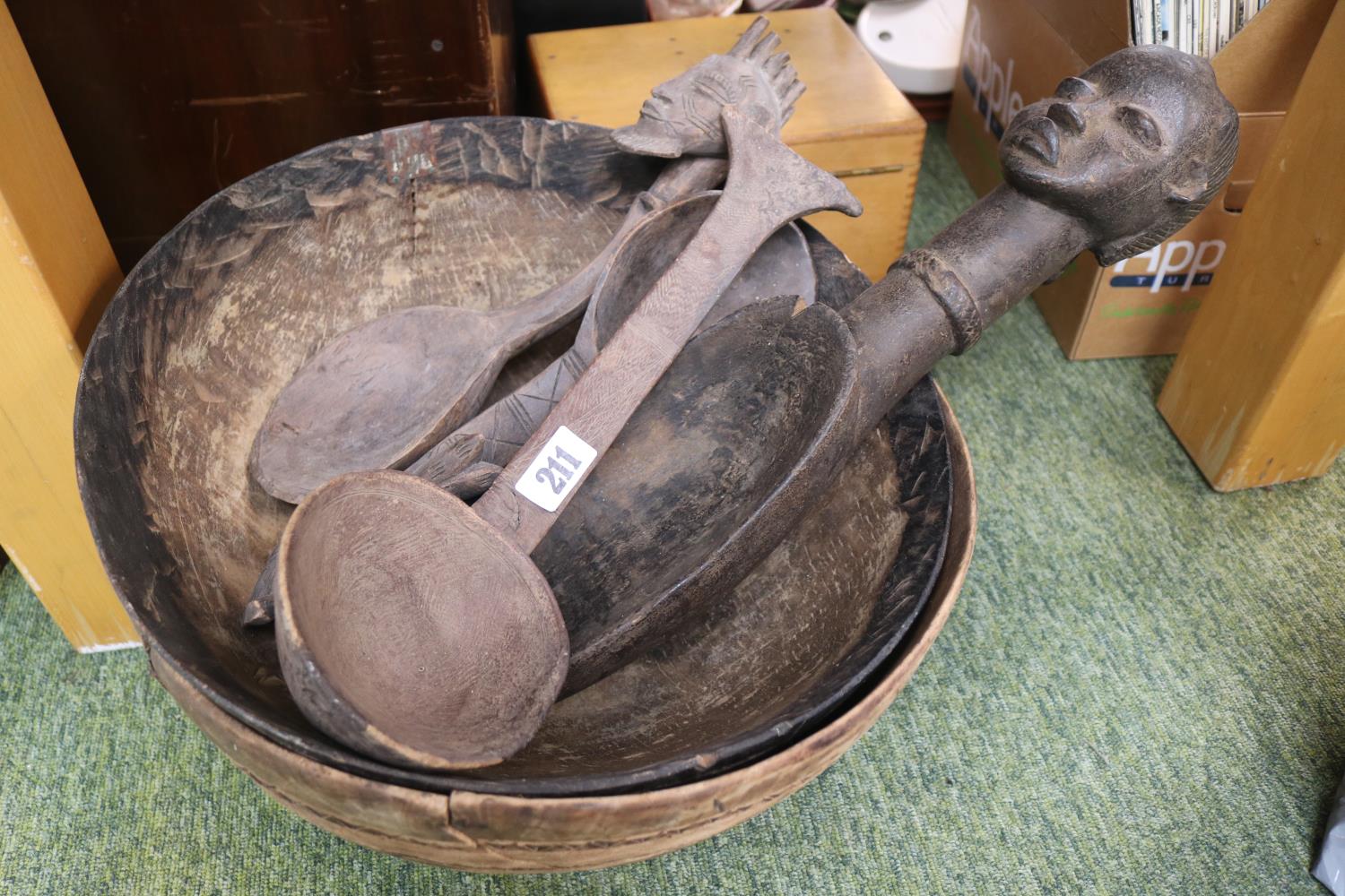 2 Large African Carved Tribal bowls and a collection of Tribal carved spoons