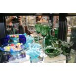 Mid Century Glass bowl with a assortment of Glass sweets, Pair of Vaseline glass baskets and