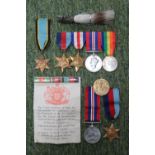 WWII 4 Medal group Private Hackett Bedford Regiment 15082 and a Jager German Bavarian Hunter Hat Pin