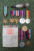 WWII 4 Medal group Private Hackett Bedford Regiment 15082 and a Jager German Bavarian Hunter Hat Pin
