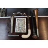 Qty. of small bygones to include Paxman Hunting Horn, Spectacles, Cigarette case