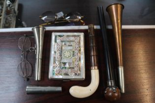 Qty. of small bygones to include Paxman Hunting Horn, Spectacles, Cigarette case