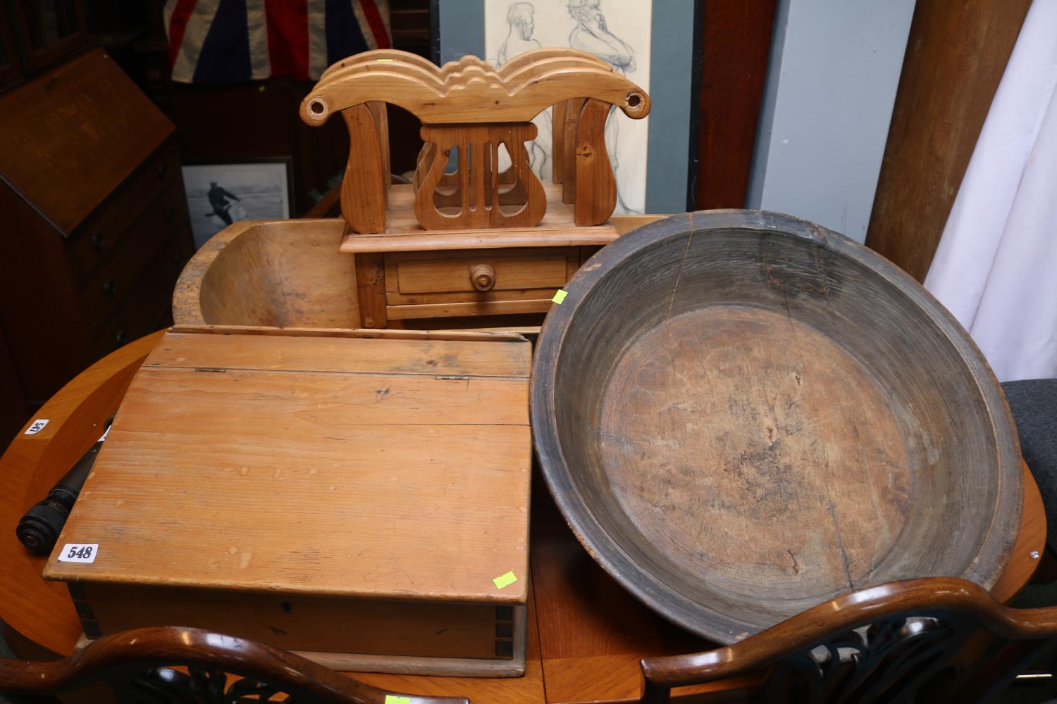 Pine Clerks desk, Dough trough, Canterbury and a Large wooden mixing bowl