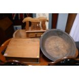 Pine Clerks desk, Dough trough, Canterbury and a Large wooden mixing bowl