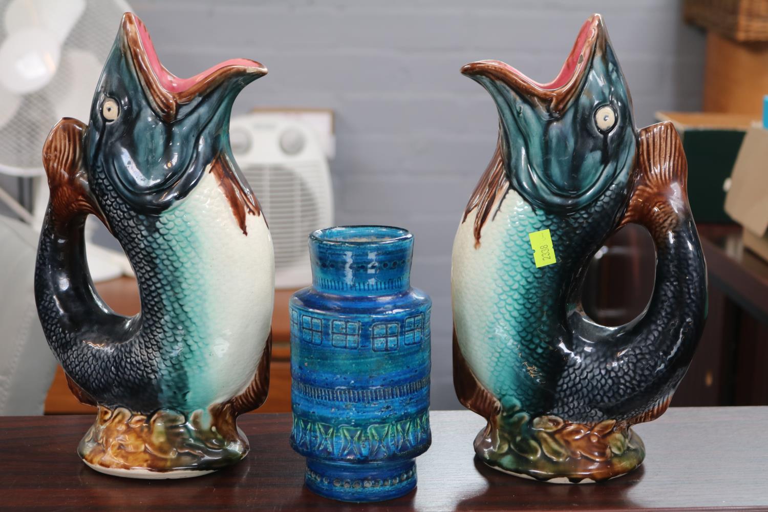 Bitossi Turquoise Studio pottery vase and 2 Majolica Gurgler Jugs