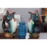 Bitossi Turquoise Studio pottery vase and 2 Majolica Gurgler Jugs