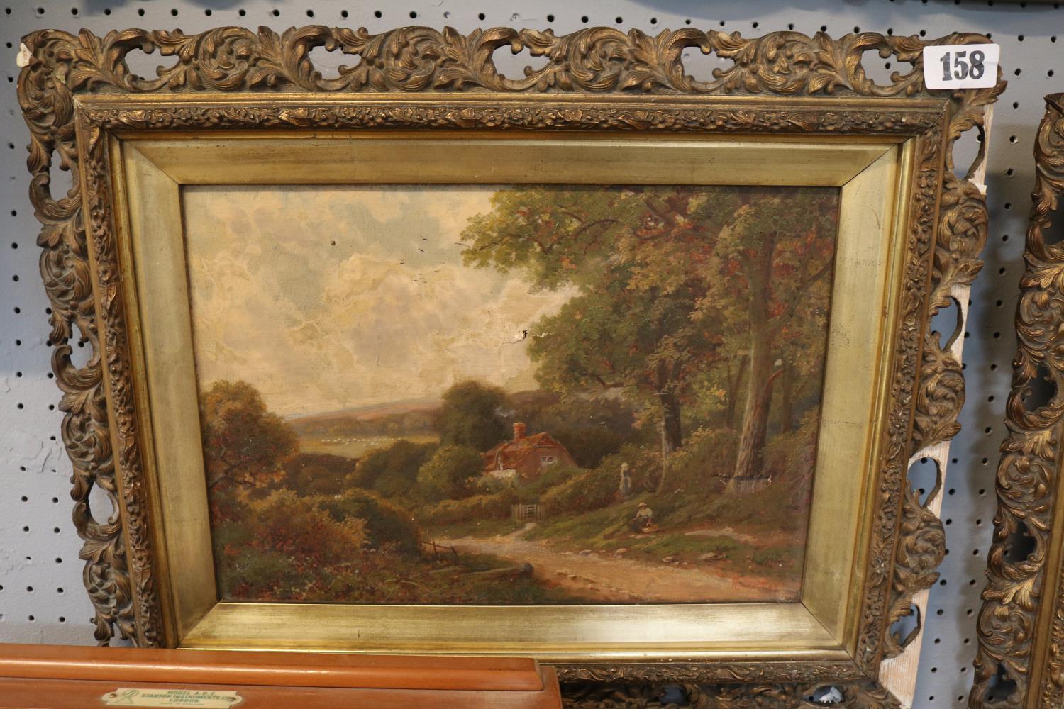 Pair of Gilt Gesso scroll framed Oil on canvas countryside scenes - Image 3 of 3