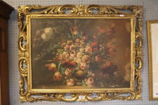L Columbo Oil on canvas of Floral still life in gilt Gesso scroll frame