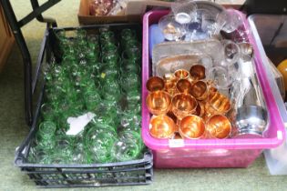 2 Boxes of assorted Green and other glassware and a collection of Mid Century metalware