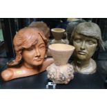 2 Mid Century Studio Busts and Studio pottery vase of conical design with face decoration