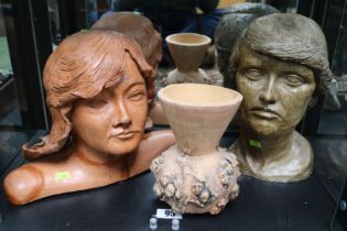 2 Mid Century Studio Busts and Studio pottery vase of conical design with face decoration