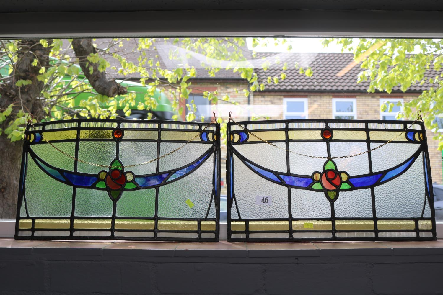 Pair of Antique Leaded coloured glass windows of floral decoration 50 x 30cm