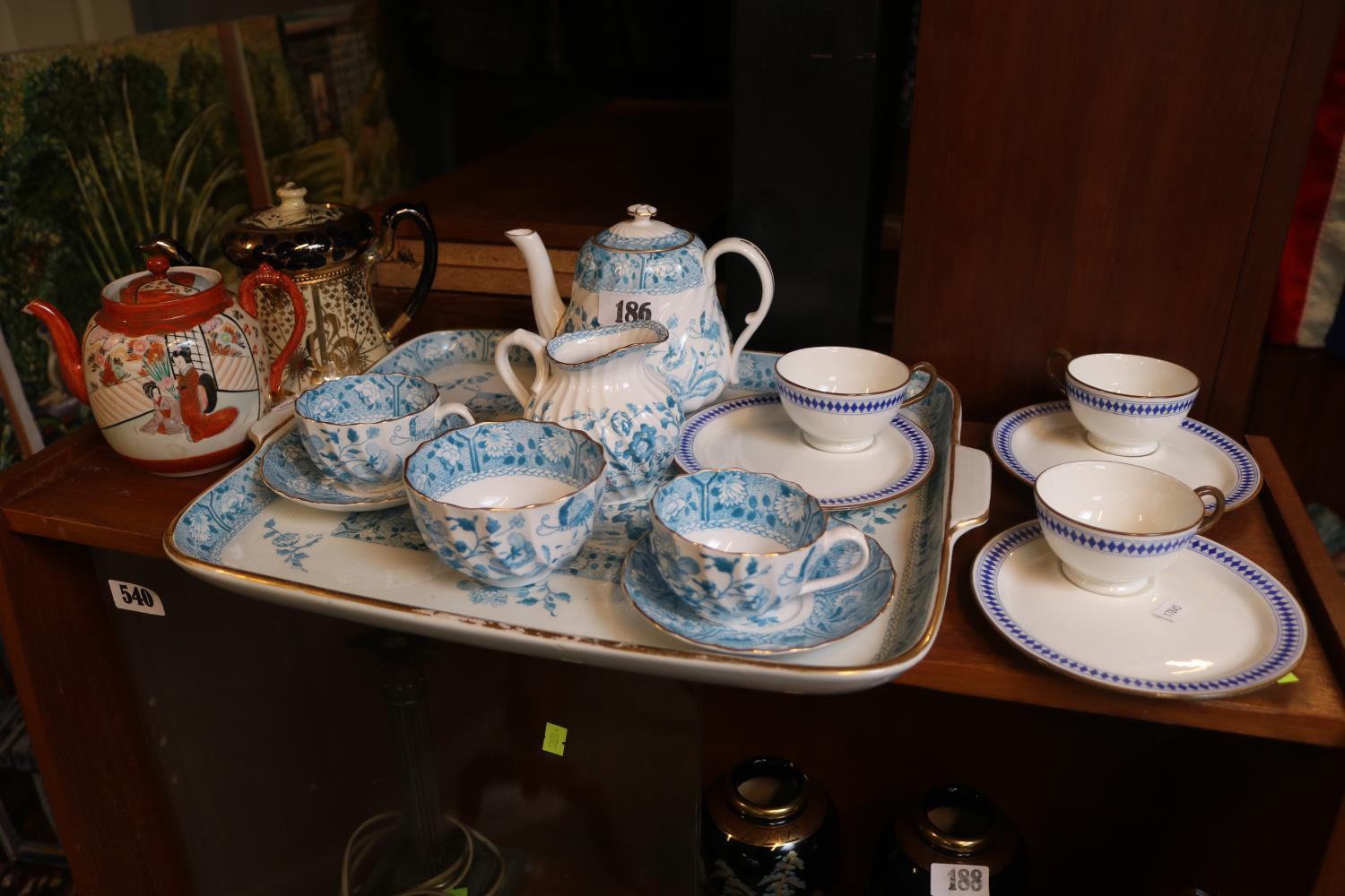 19thC Transfer printed Copeland Tete e Tete with 3 Royal Doulton TV Cups and saucers and 2 Teapots