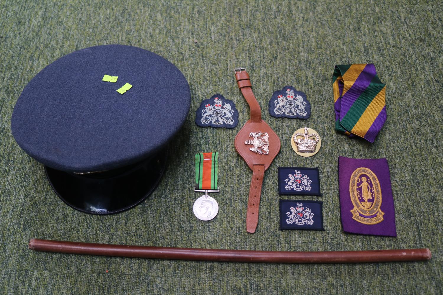 Collection of RAF and Military items to include Officers Cap, WWII Defence Medal, Forces Cloth Badge