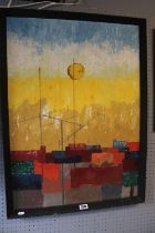 Framed Oil on board by Lawrence A Taylor entitled Roof Tops with Gallery label dated 1963