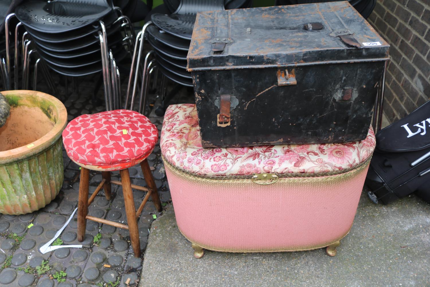 19thC Metal bound travelling trunk, Woven ottoman and a Vintage Stool