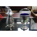 Silver Sugar Caster on pad feet Silver panelled blue glass lined sugar with loop handle Birmingham