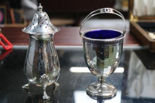 Silver Sugar Caster on pad feet Silver panelled blue glass lined sugar with loop handle Birmingham